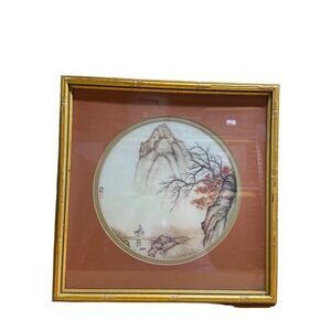 Vintage 1980s Asian Lithograph Mountain Mule Man Landscape Art Bamboo Frame